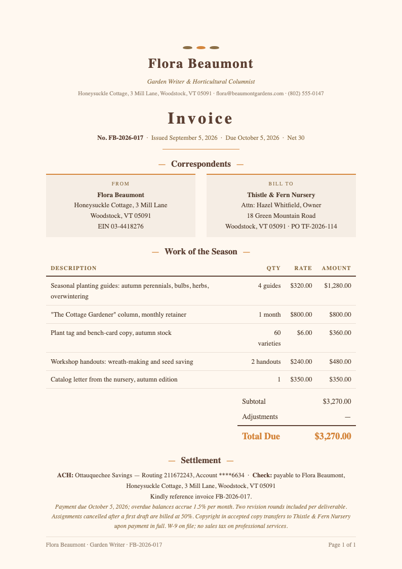 Cottagecore pastoral freelance writer invoice